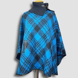 Edit By Jeanne Beker  Blue Black Plaid Lagenlook Wool Blend Poncho Size S / M